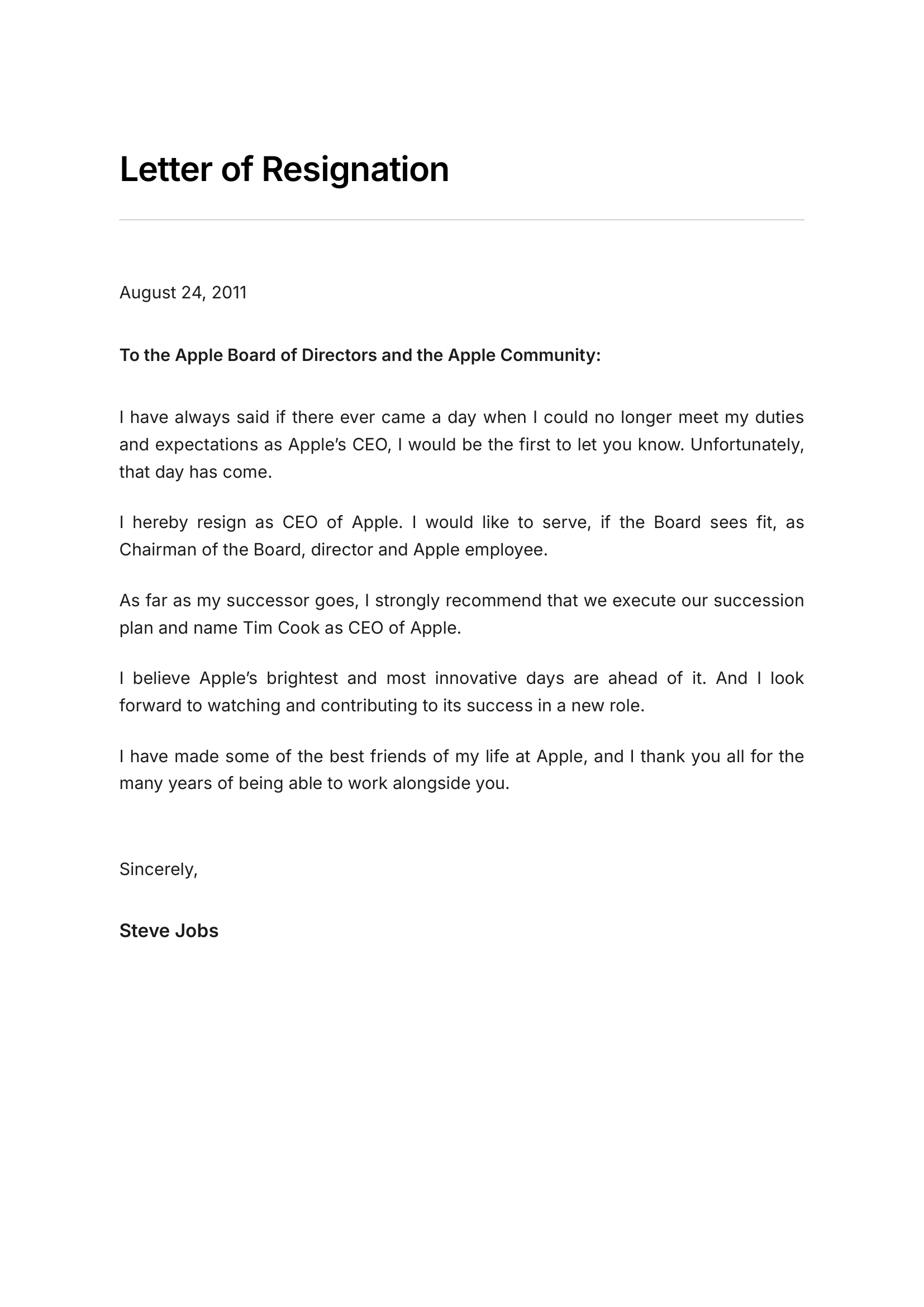 Steve Jobs Resignation Letter to Apple