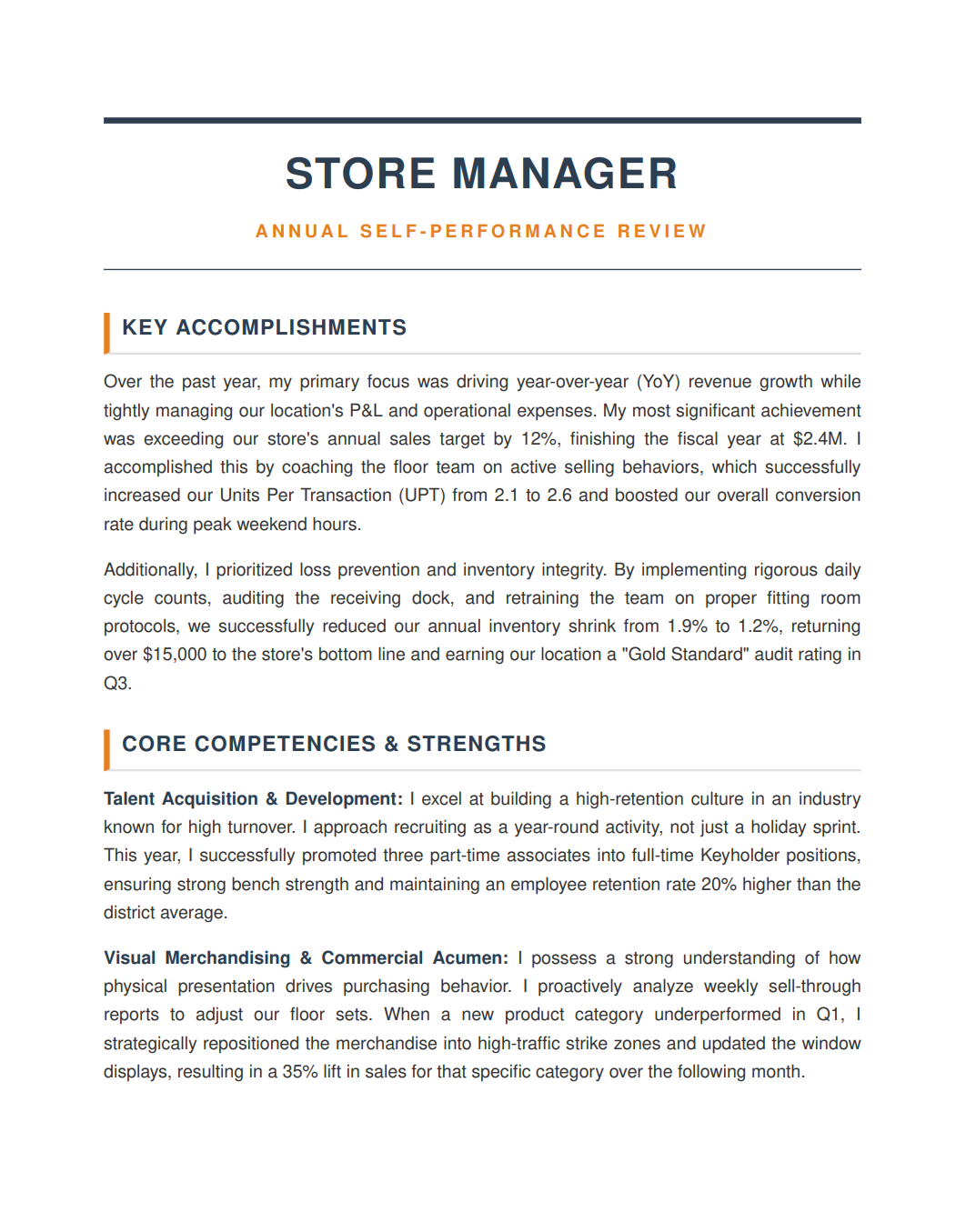 Store Manager Self Performance Review - Free AI Self Performance Review Generator, 50+ Real Self Performance Review Examples