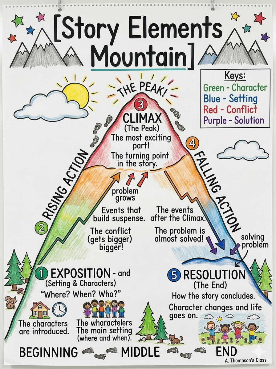 Story Elements Mountain Anchor Chart for 4th Grade Reading - Free AI Anchor Chart Generator, 50+ Real Anchor Chart Examples