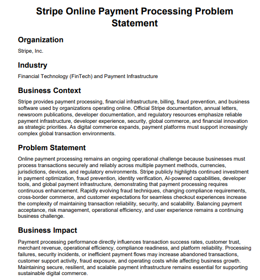 Stripe Online Payment Processing Problem Statement - Free AI Problem Statement Generator, 50+Real Problem Statement Examples