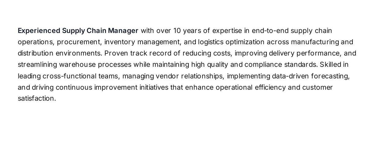 Supply Chain Manager Resume Summary - Free AI Resume Summary Generator, 50+ Real Resume Summary Examples