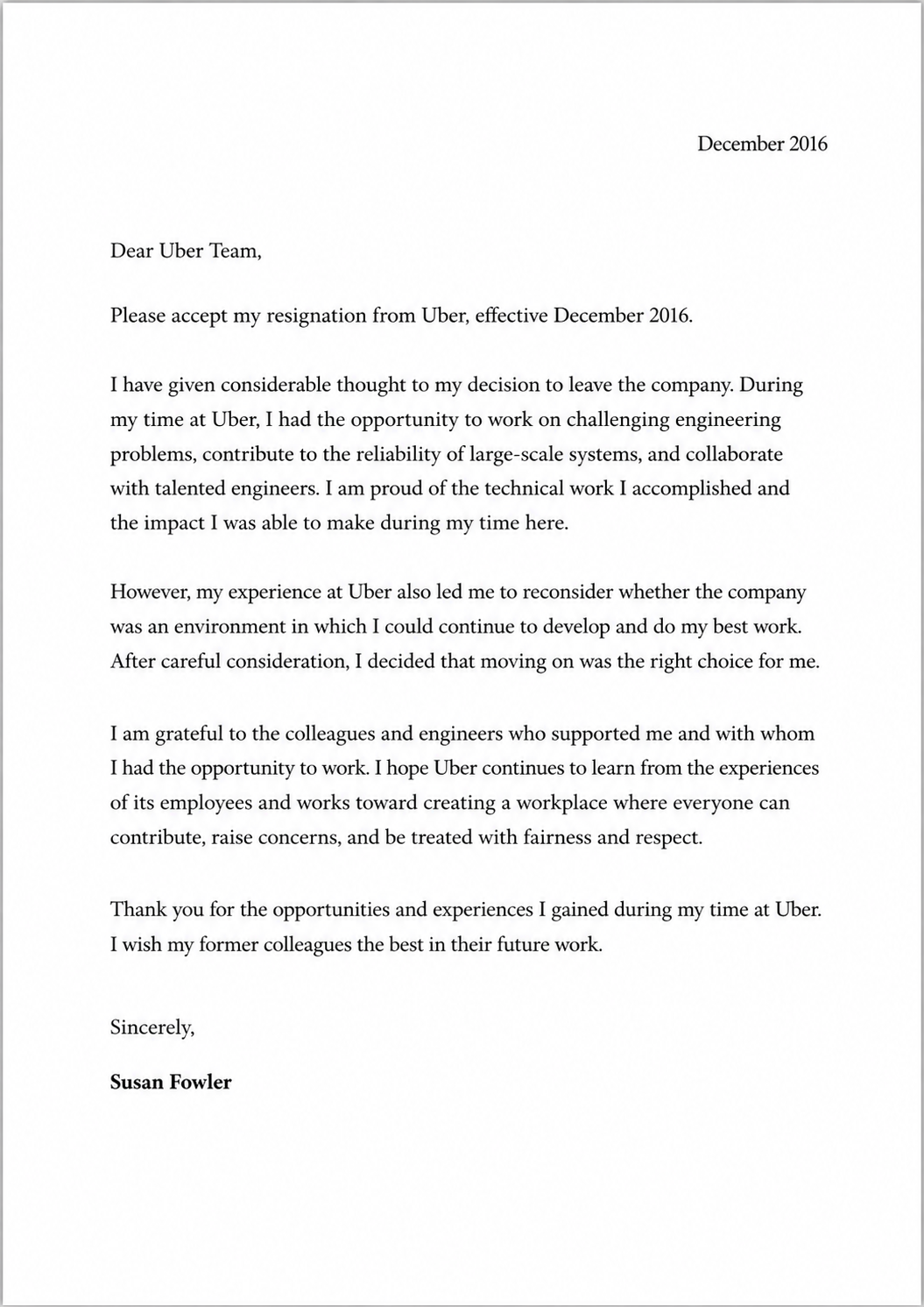 Susan Fowler Resignation Letter from Uber - Free AI Resignation Letter Generator, 50+ Real Resignation Letter Examples