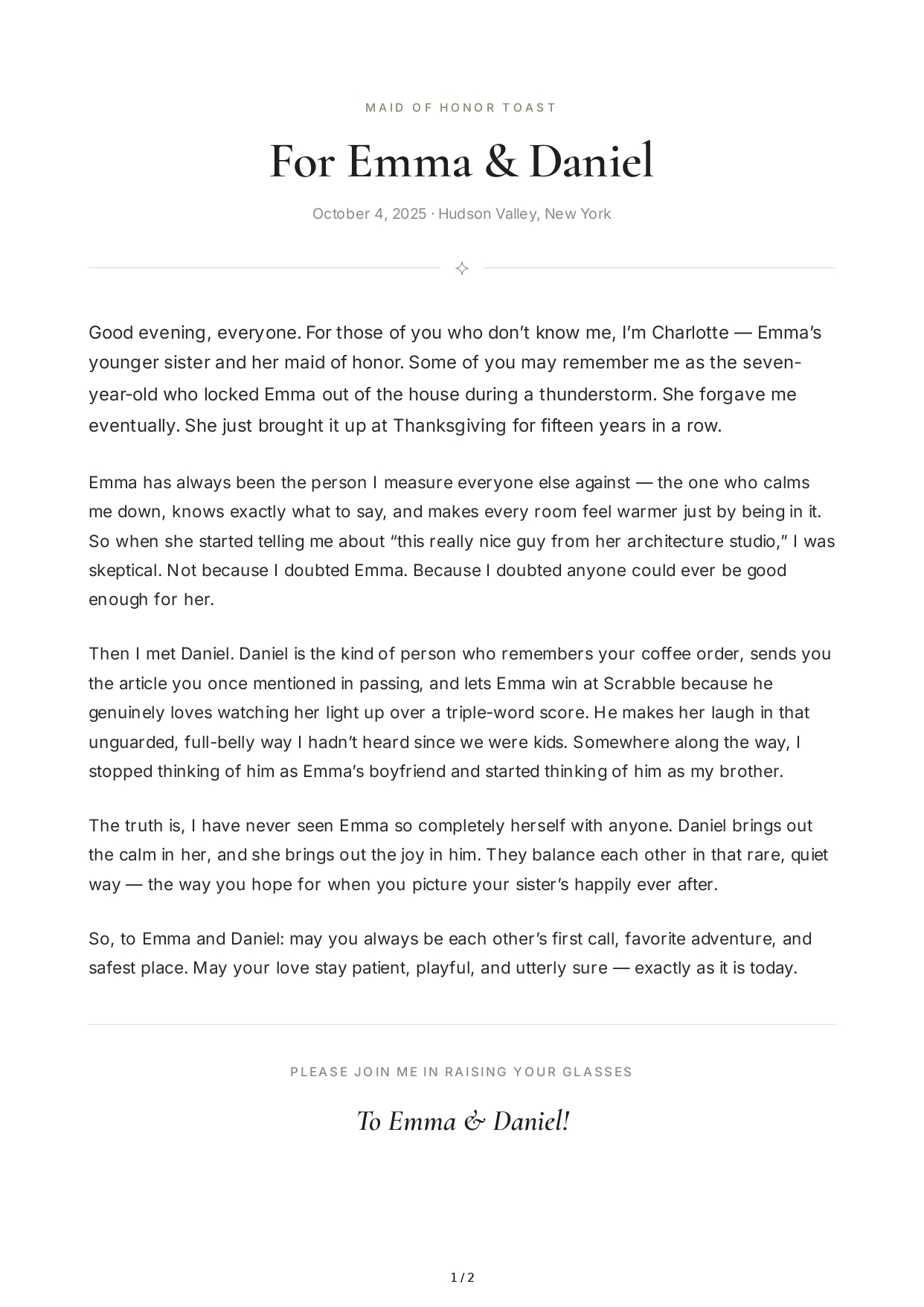 Sweet Maid of Honor Speech - Free AI Maid of Honor Speech Generator, 50+ Real Maid of Honor Speech Examples