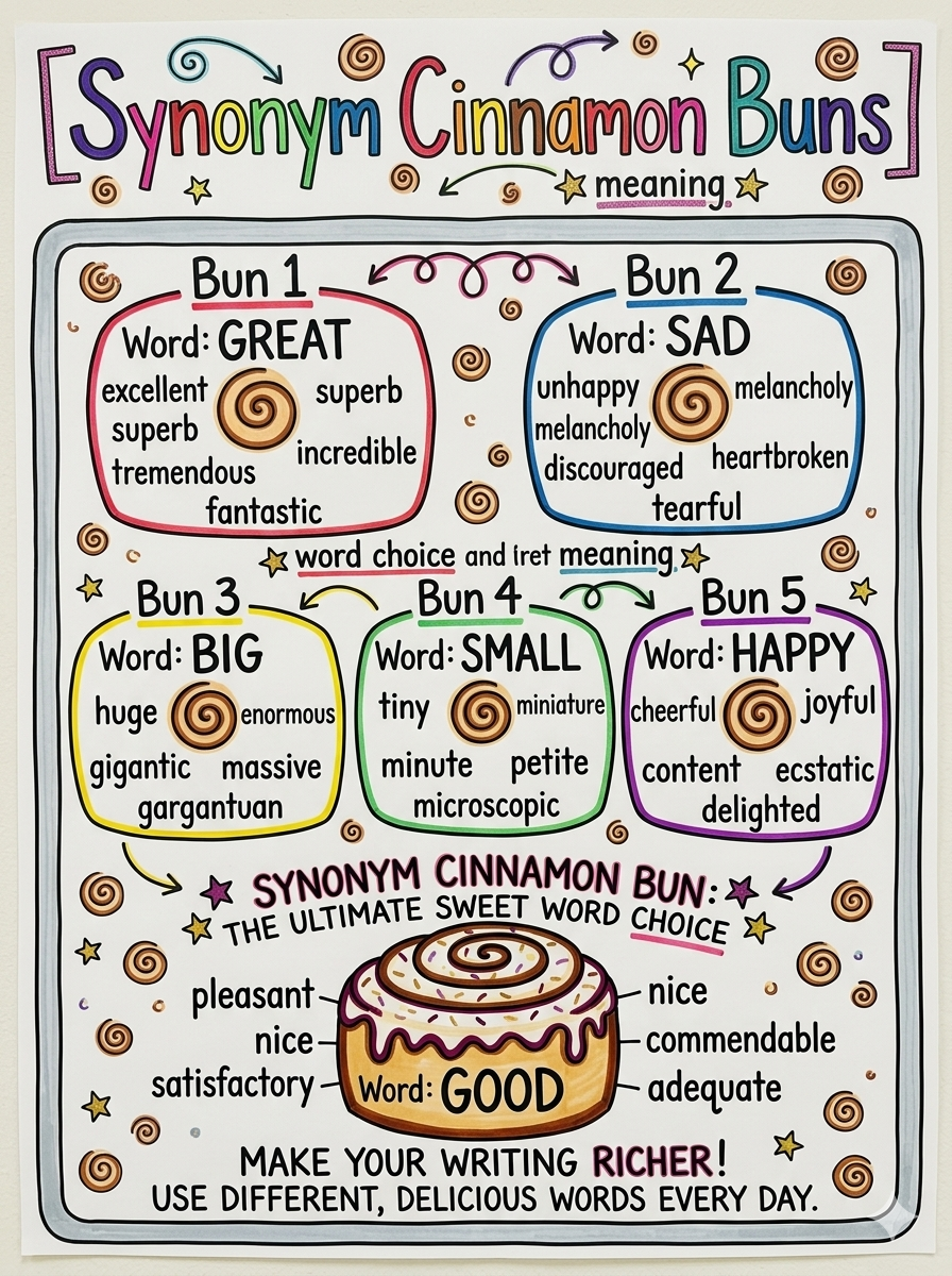 Synonym Cinnamon Buns Anchor Chart for 5th Grade ELA - Free AI Anchor Chart Generator, 50+ Real Anchor Chart Examples
