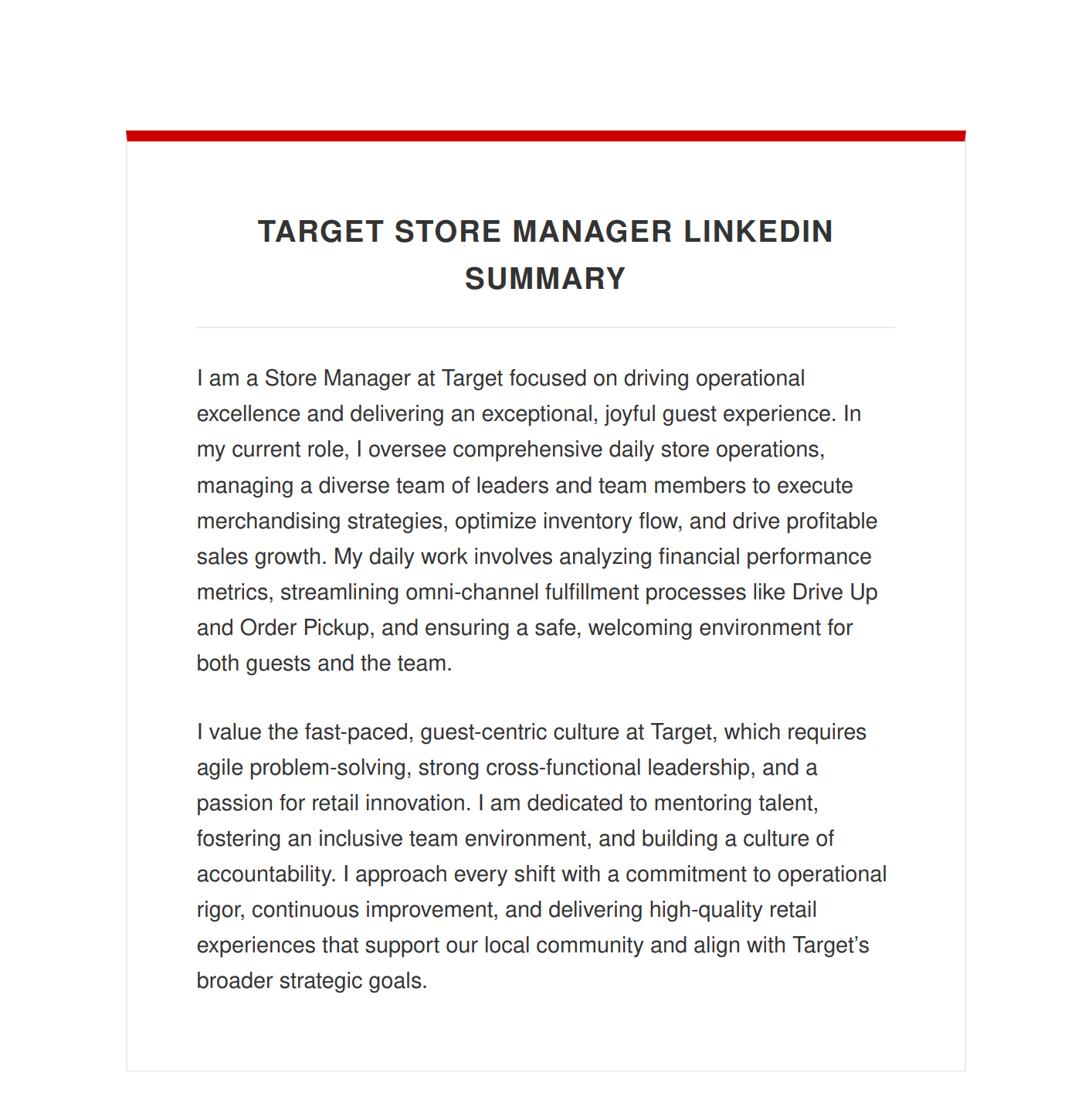 Target Store Manager LinkedIn Summary - Free AI LinkedIn Summary Generator, 50+ Real LinkedIn Summary Examples