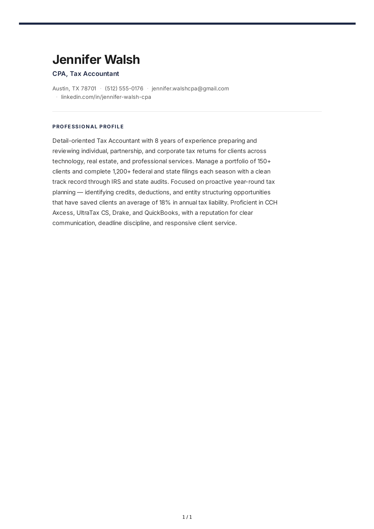 Tax Accountant Resume Profile - Free AI Resume Profile Generator, 50+ Real Resume Profile Examples
