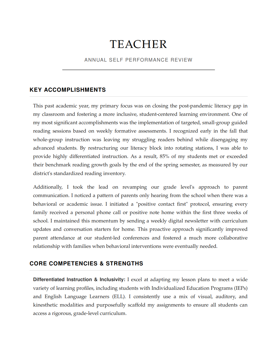 Teacher Self Performance Review - Free AI Self Performance Review Generator, 50+ Real Self Performance Review Examples