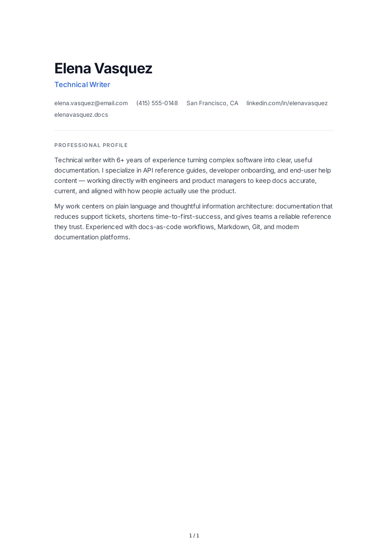Technical Writer Resume Profile - Free AI Resume Profile Generator, 50+ Real Resume Profile Examples