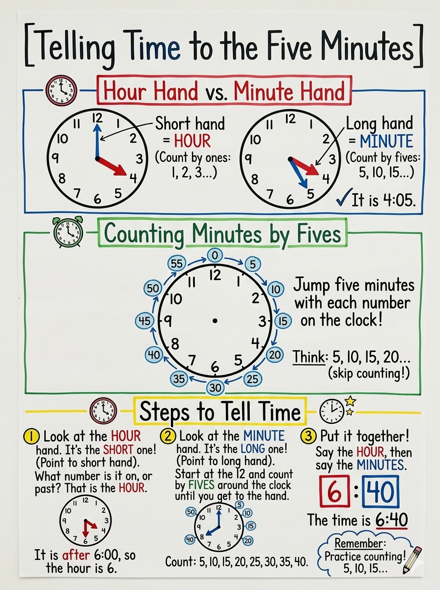 Telling Time to the Five Minutes Anchor Chart for 2nd Grade Math - Free AI Anchor Chart Generator, 50+ Real Anchor Chart Examples