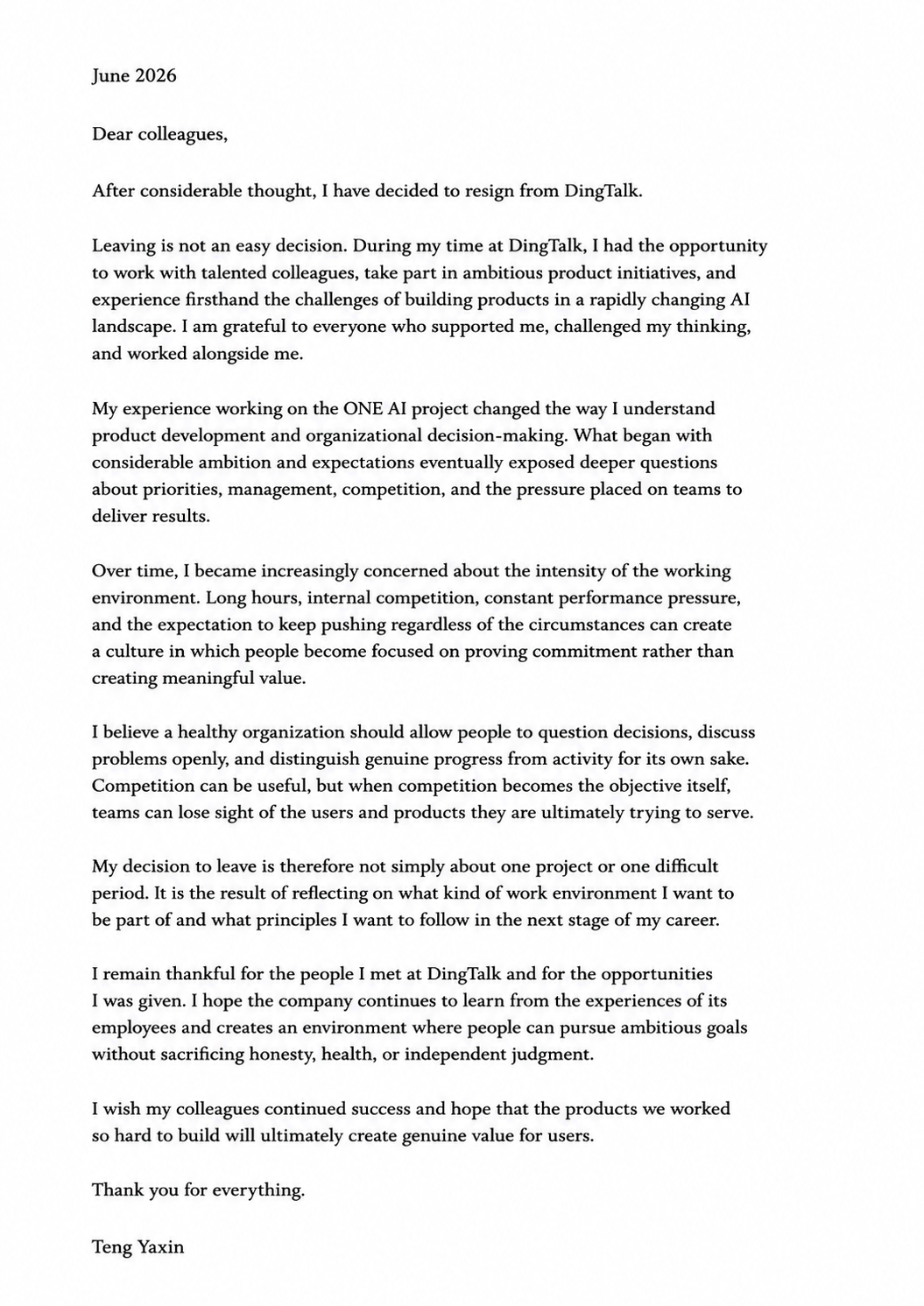 Teng Yaxin Resignation Letter from DingTalk - Free AI Resignation Letter Generator, 50+ Real Resignation Letter Examples