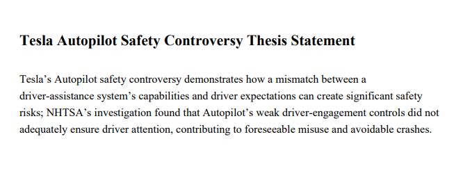 Tesla Autopilot Safety Controversy Thesis Statement - Free AI Thesis Statement Generator, 50+ Real Thesis Statement Examples