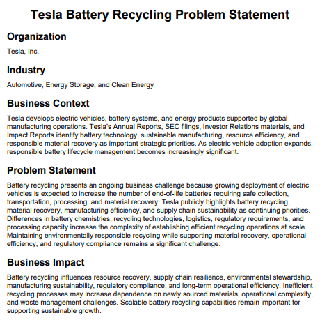 Tesla Battery Recycling Problem Statement - Free AI Problem Statement Generator, 50+Real Problem Statement Examples