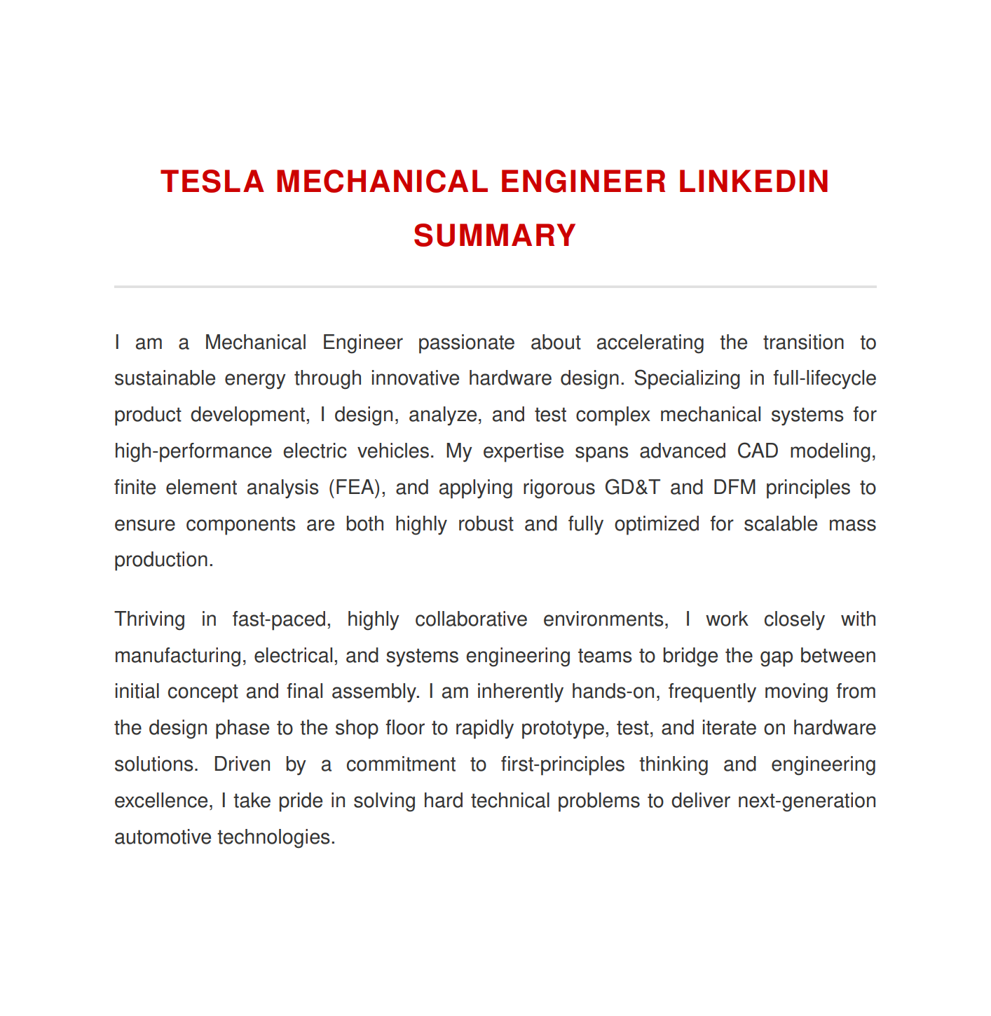 Tesla Mechanical Engineer LinkedIn Summary - Free AI LinkedIn Summary Generator, 50+ Real LinkedIn Summary Examples