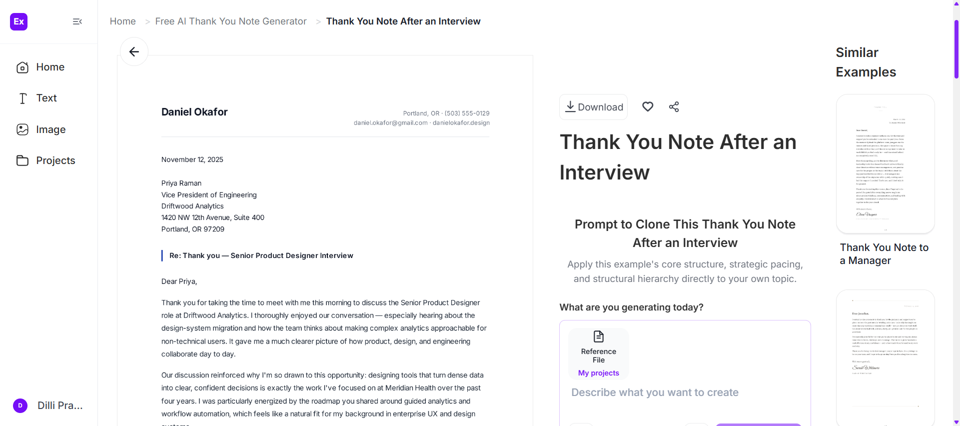 Thank You Note Example