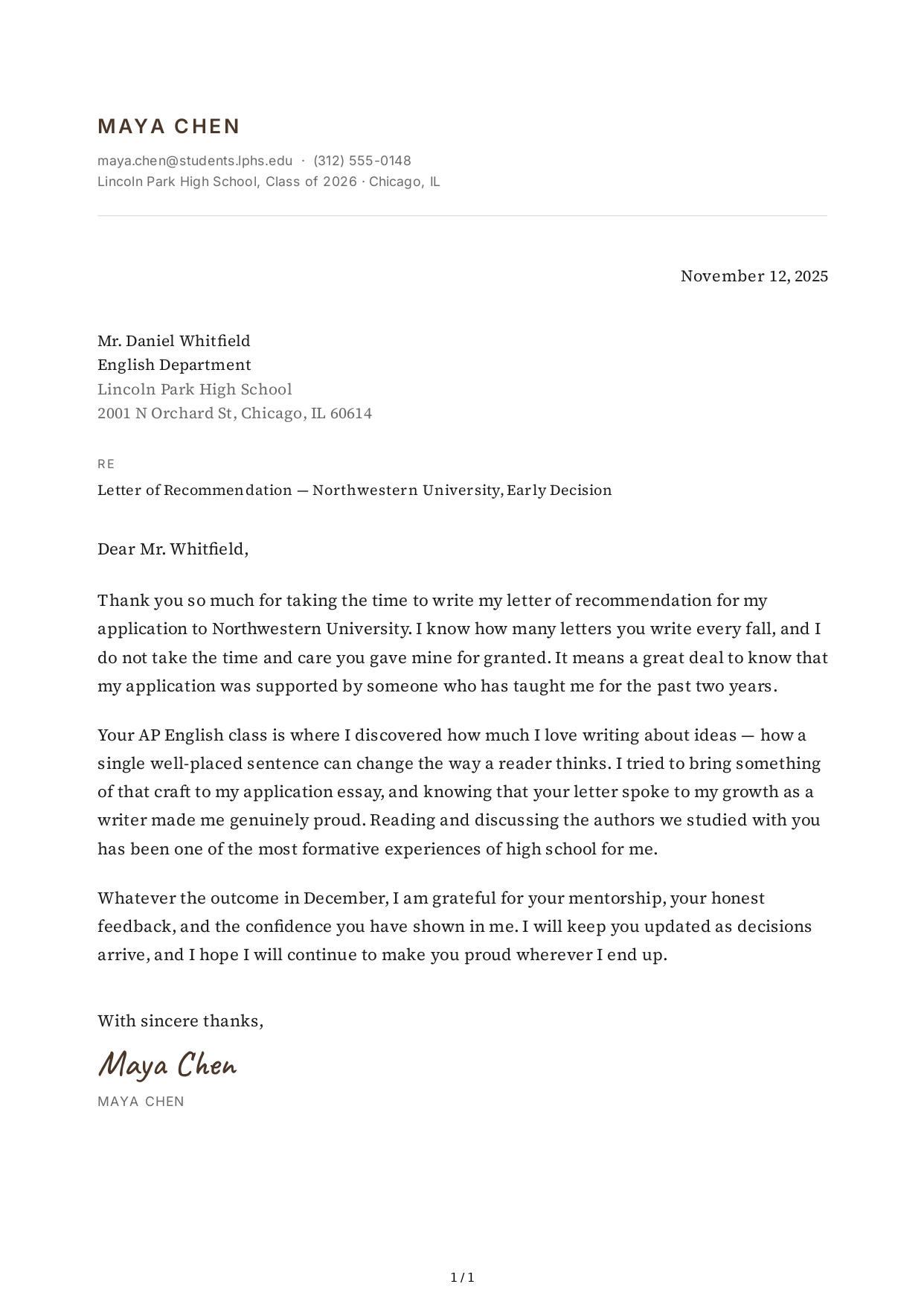 Thank You Note for a College Recommendation - Free AI Thank You Note Generator, 50+ Real Thank You Note Examples