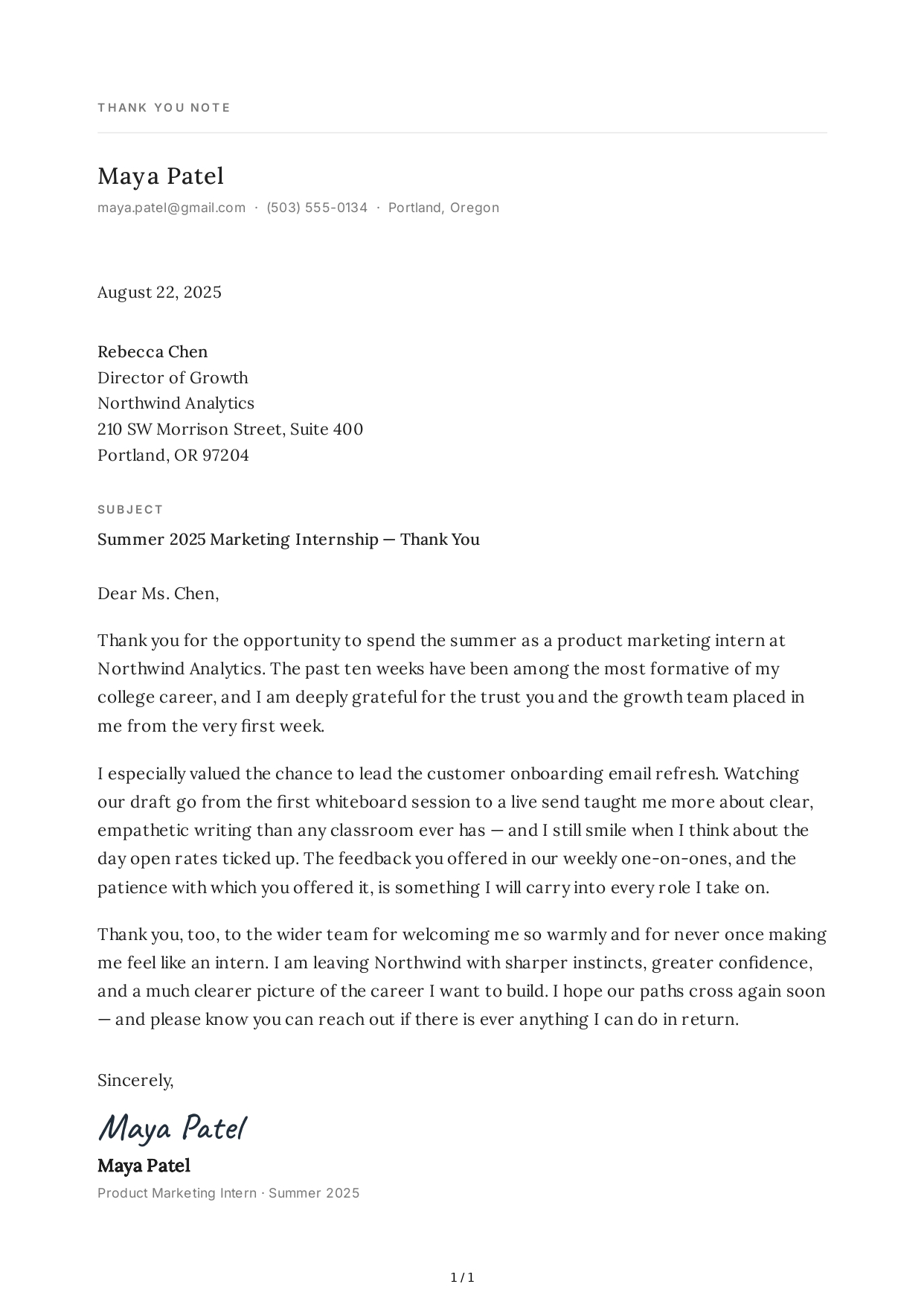 Thank You Note for an Internship - Free AI Thank You Note Generator, 50+ Real Thank You Note Examples
