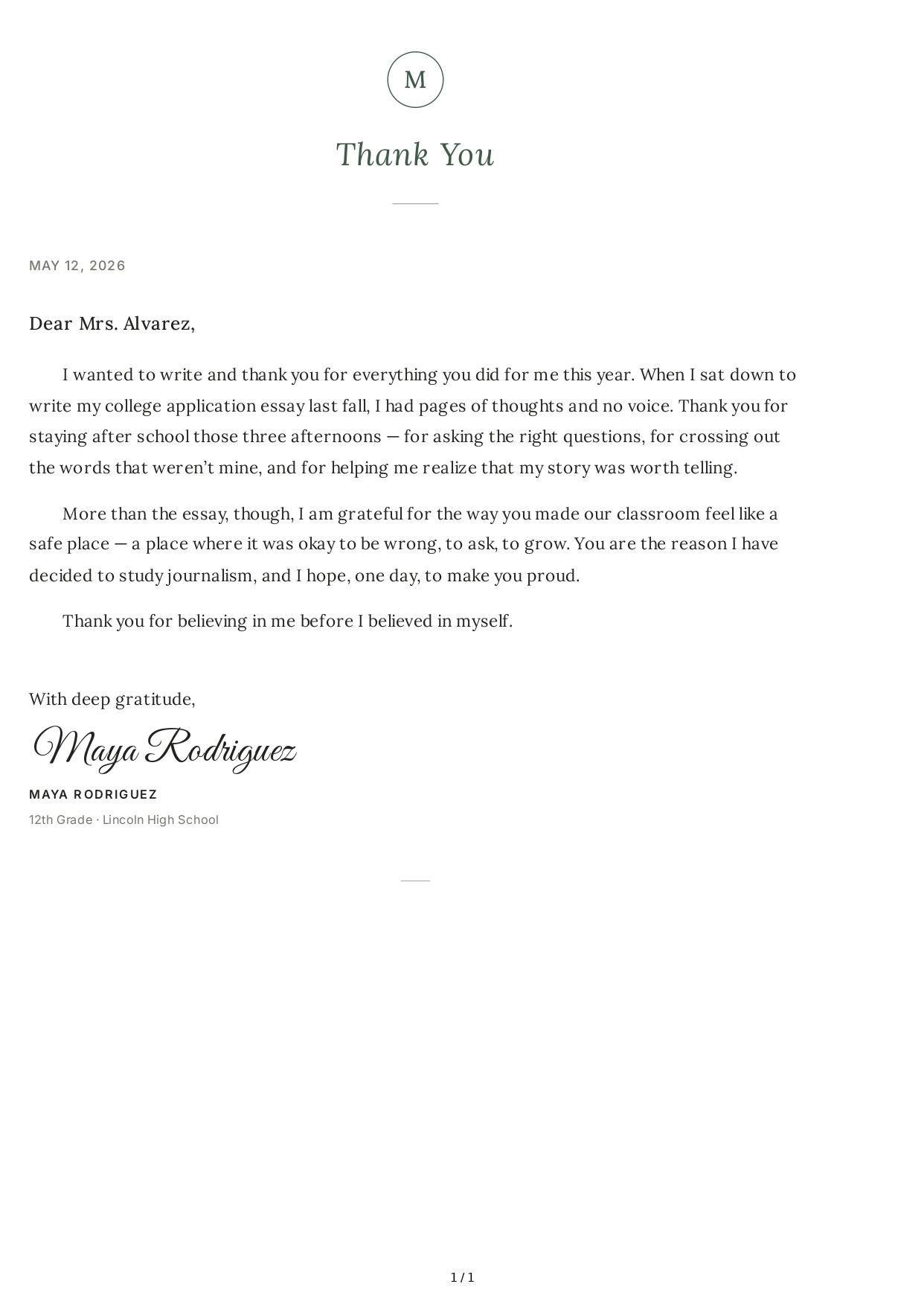 Thank You Note from a Student - Free AI Thank You Note Generator, 50+ Real Thank You Note Examples