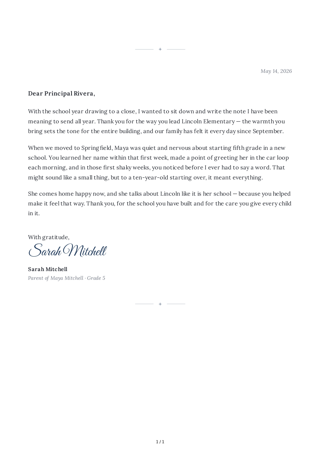 Thank You Note to a School Principal - Free AI Thank You Note Generator, 50+ Real Thank You Note Examples