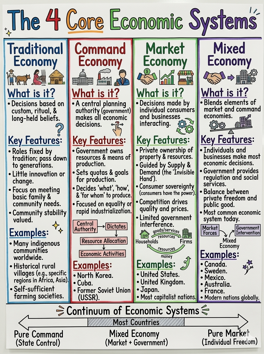 The 4 Core Economic Systems Anchor Chart for 12th Grade Economics - Free AI Anchor Chart Generator, 50+ Real Anchor Chart Examples