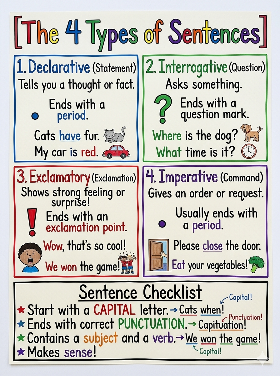 The 4 Types of Sentences Anchor Chart for 2nd Grade Literacy - Free AI Anchor Chart Generator, 50+ Real Anchor Chart Examples