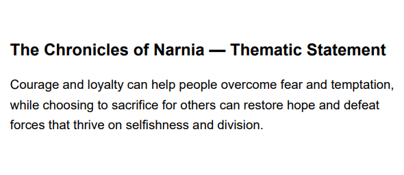 The Chronicles of Narnia Thematic Statement - Free AI Thematic Statement Generator, 50+ Real Thematic Statement Examples