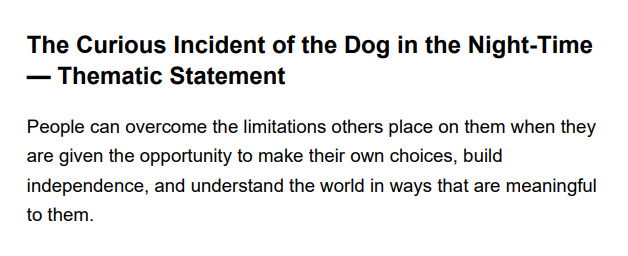 The Curious Incident of the Dog in the Night-Time Thematic Statement - Free AI Thematic Statement Generator, 50+ Real Thematic Statement Examples