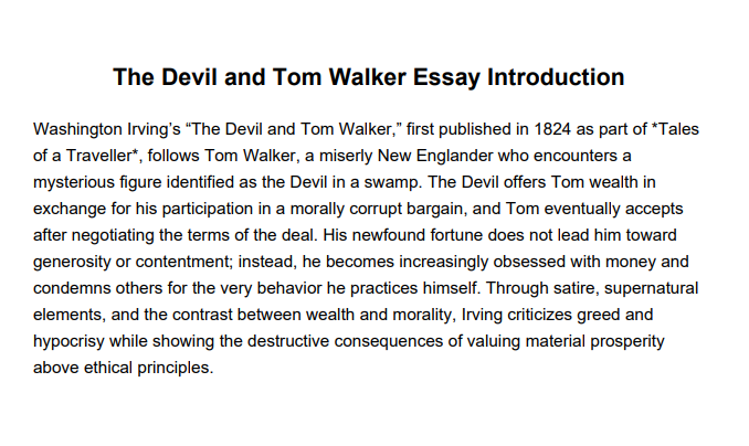 The Devil and Tom Walker Essay Introduction - Free AI Essay Introduction Generator, 50+ Real Essay Introduction Examples