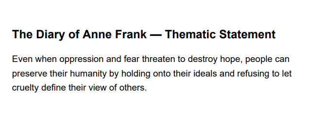 The Diary of Anne Frank Thematic Statement - Free AI Thematic Statement Generator, 50+ Real Thematic Statement Examples