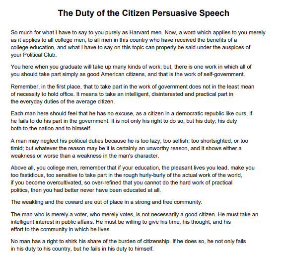 The Duty of the Citizen Persuasive Speech - Free AI Persuasive Speech Generator, 50+ Real Persuasive Speech Examples