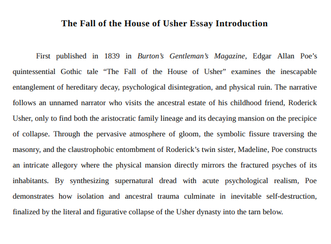 The Fall of the House of Usher Essay Introduction - Free AI Essay Introduction Generator, 50+ Real Essay Introduction Examples
