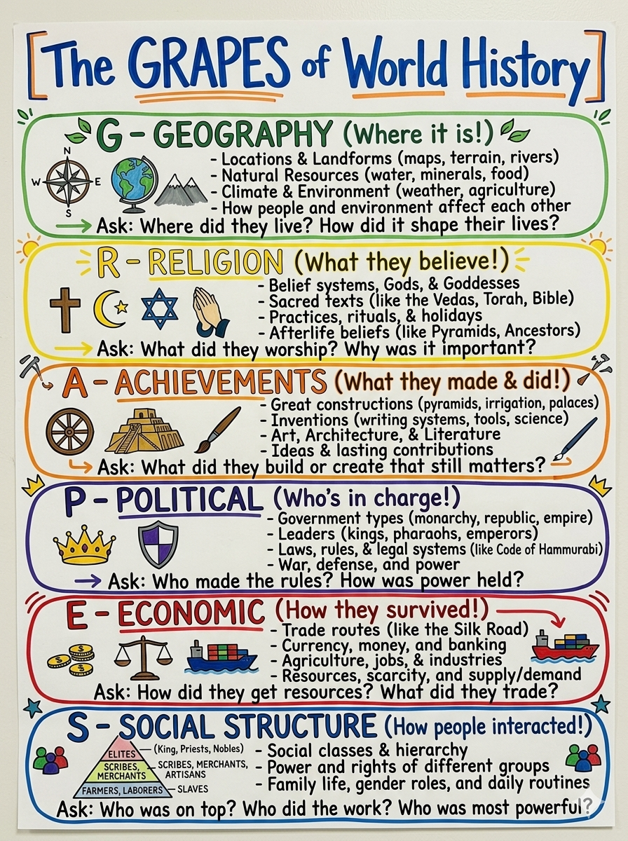 The GRAPES of World History Anchor Chart for 6th Grade History - Free AI Anchor Chart Generator, 50+ Real Anchor Chart Examples