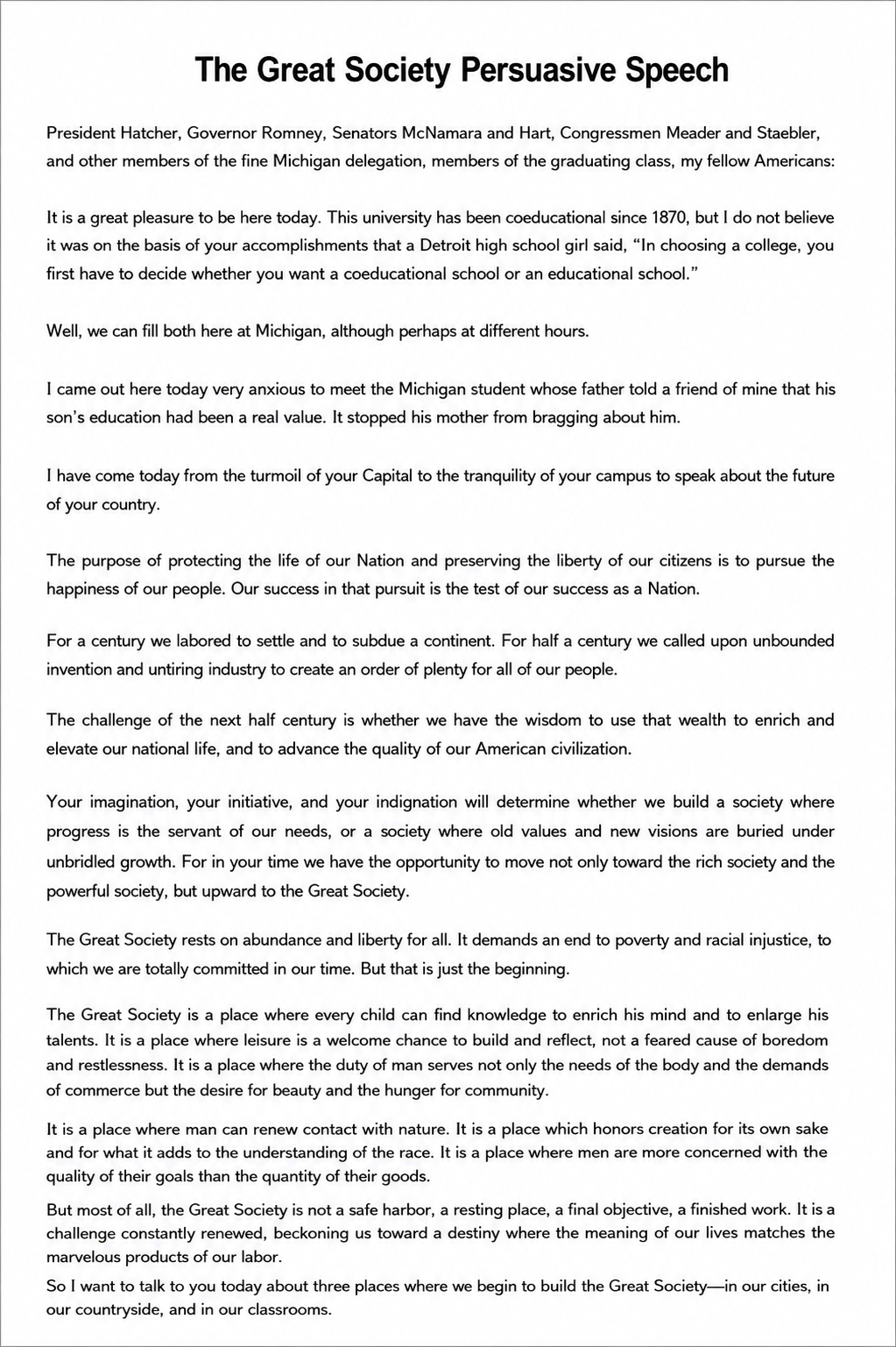 The Great Society Persuasive Speech - Free AI Persuasive Speech Generator, 50+ Real Persuasive Speech Examples