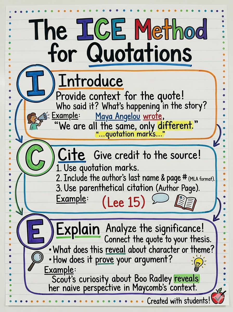 The ICE Method for Quotations Anchor Chart for 9th Grade English - Free AI Anchor Chart Generator, 50+ Real Anchor Chart Examples