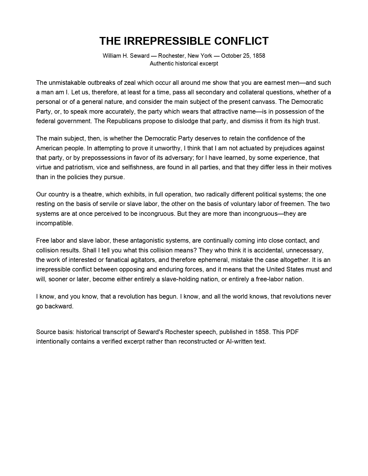 The Irrepressible Conflict Persuasive Speech - Free AI Persuasive Speech Generator, 50+ Real Persuasive Speech Examples