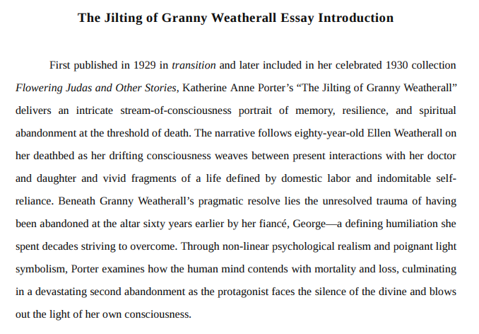 The Jilting of Granny Weatherall Essay Introduction - Free AI Essay Introduction Generator, 50+ Real Essay Introduction Examples