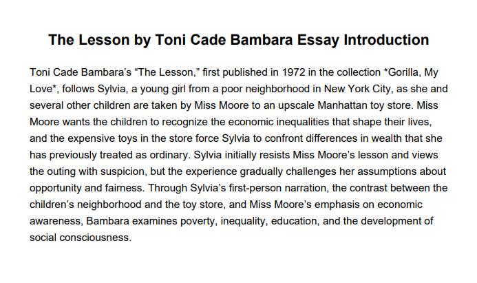 The Lesson by Toni Cade Bambara Essay Introduction - Free AI Essay Introduction Generator, 50+ Real Essay Introduction Examples