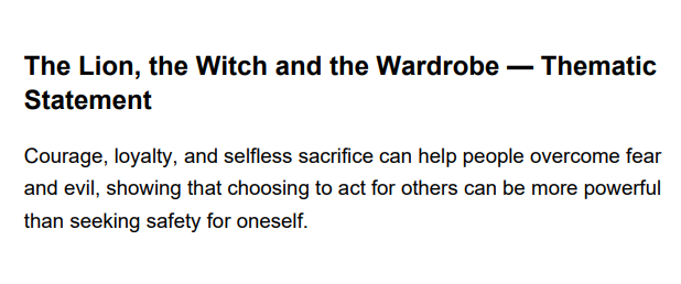 The Lion, the Witch and the Wardrobe Thematic Statement - Free AI Thematic Statement Generator, 50+ Real Thematic Statement Examples
