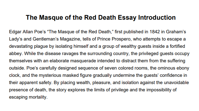 The Masque of the Red Death Essay Introduction - Free AI Essay Introduction Generator, 50+ Real Essay Introduction Examples