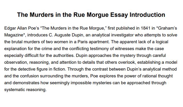 The Murders in the Rue Morgue Essay Introduction - Free AI Essay Introduction Generator, 50+ Real Essay Introduction Examples