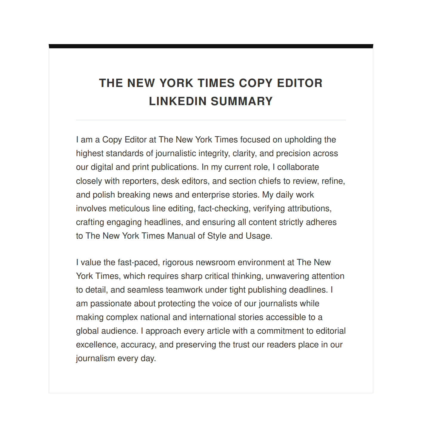 The New York Times Copy Editor LinkedIn Summary - Free AI LinkedIn Summary Generator, 50+ Real LinkedIn Summary Examples