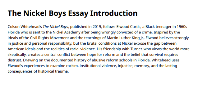 The Nickel Boys Essay Introduction - Free AI Essay Introduction Generator, 50+ Real Essay Introduction Examples