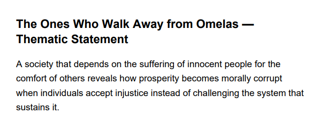 The Ones Who Walk Away from Omelas Thematic Statement - Free AI Thematic Statement Generator, 50+ Real Thematic Statement Examples