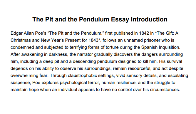 The Pit and the Pendulum Essay Introduction - Free AI Essay Introduction Generator, 50+ Real Essay Introduction Examples