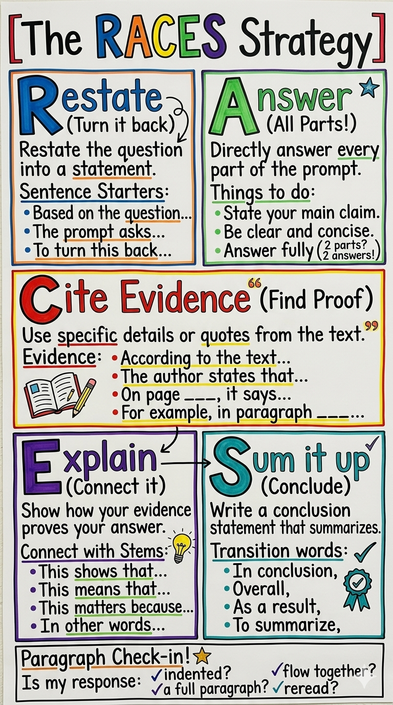 The RACES Strategy Anchor Chart for 6th Grade Writing - Free AI Anchor Chart Generator, 50+ Real Anchor Chart Examples