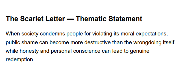 The Scarlet Letter Thematic Statement - Free AI Thematic Statement Generator, 50+ Real Thematic Statement Examples