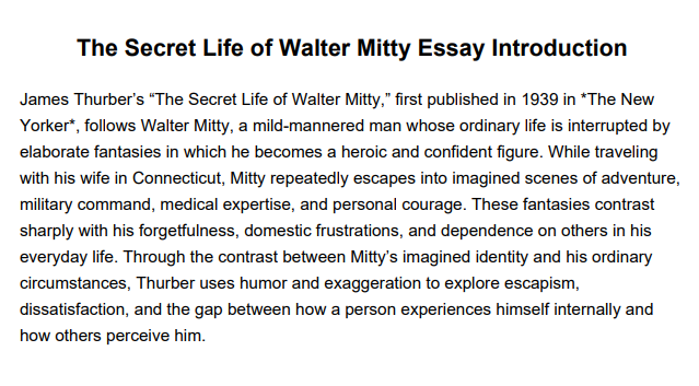 The Secret Life of Walter Mitty Essay Introduction - Free AI Essay Introduction Generator, 50+ Real Essay Introduction Examples