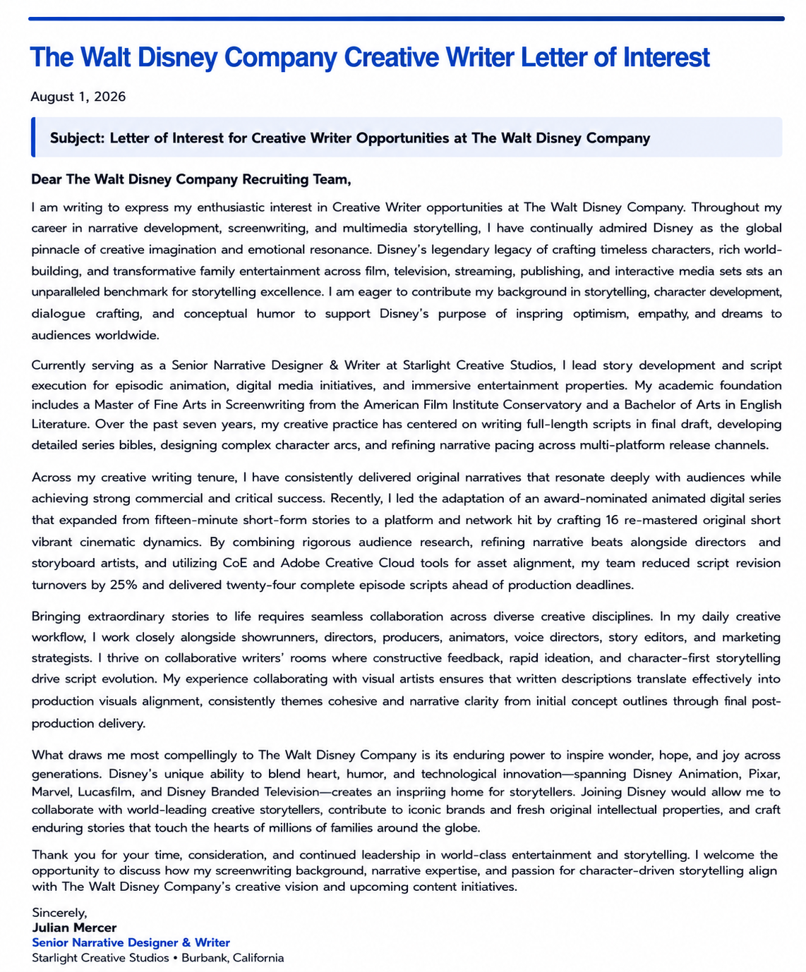 The Walt Disney Company Creative Writer Letter of Interest - Free AI Letter of Interest Generator, 50+ Real Letter of Interest Examples