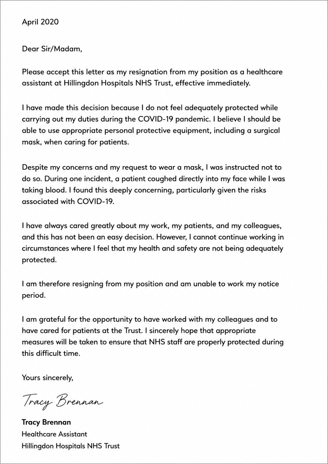 Tracy Brennan Resignation Letter from Hillingdon Hospitals NHS Trust - Free AI Resignation Letter Generator, 50+ Real Resignation Letter Examples