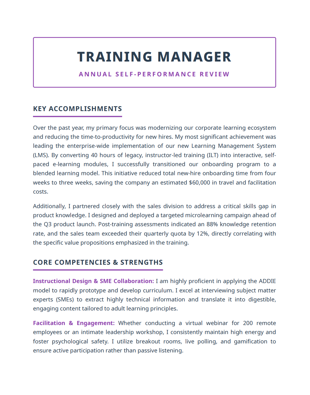 Training Manager Self Performance Review - Free AI Self Performance Review Generator, 50+ Real Self Performance Review Examples