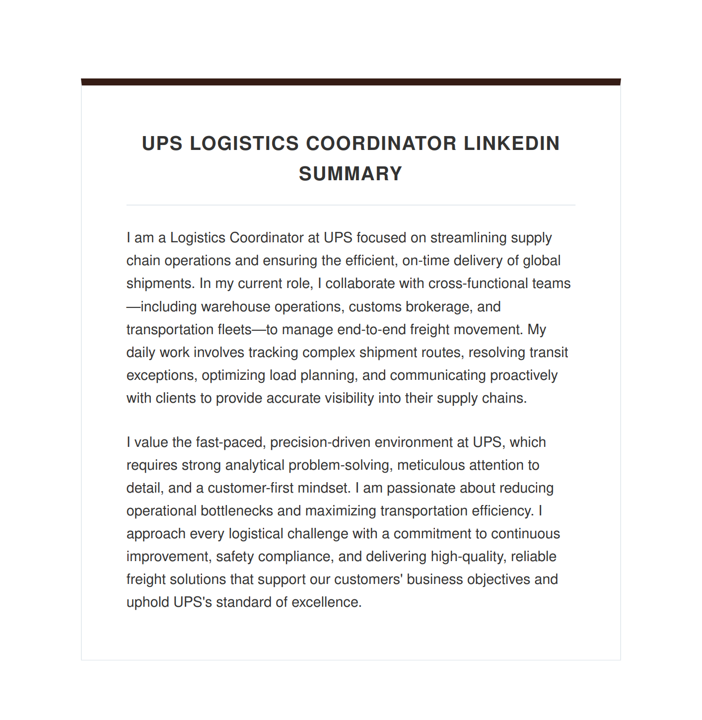 UPS Logistics Coordinator LinkedIn Summary - Free AI LinkedIn Summary Generator, 50+ Real LinkedIn Summary Examples